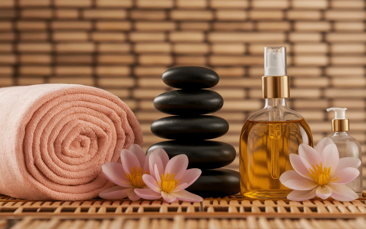 Table de massage avec huiles essentielles et pierres chaudes.
