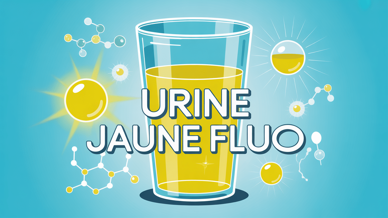 Verre de liquide urine jaune fluo avec éléments scientifiques