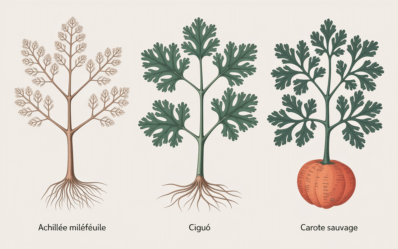 Achillée millefeuille confusion différences ciguë carotte fleurs tiges