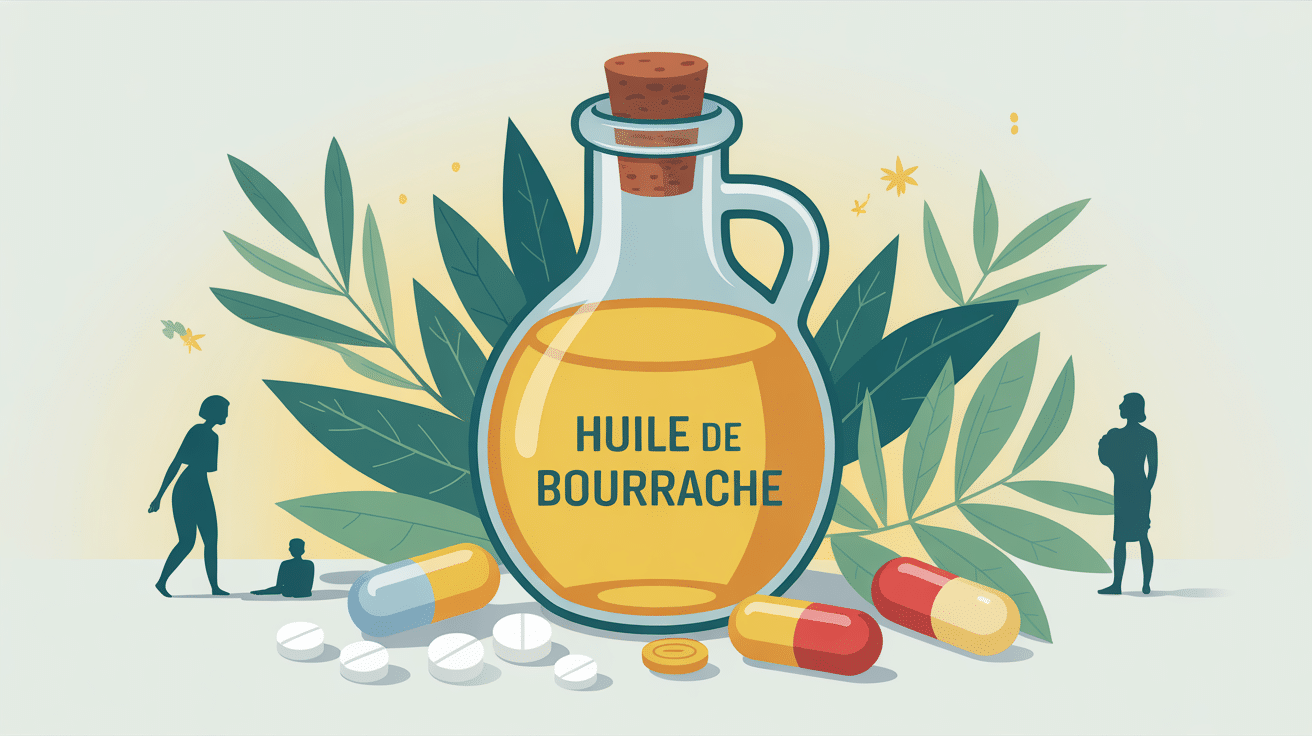 Illustration huile de bourrache et prise de poids bouteille gélules silhouettes