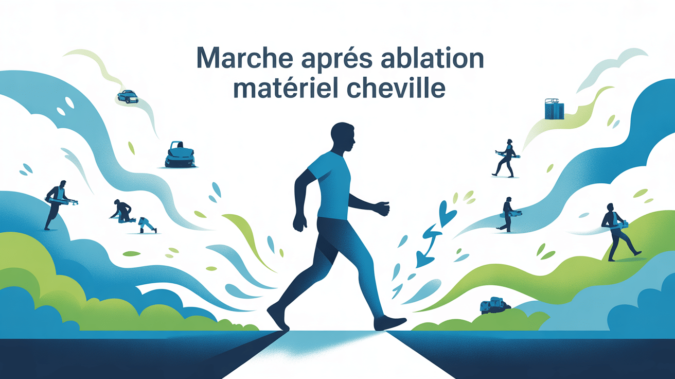 Illustration marche après ablation matériel cheville, ambiance rassurante