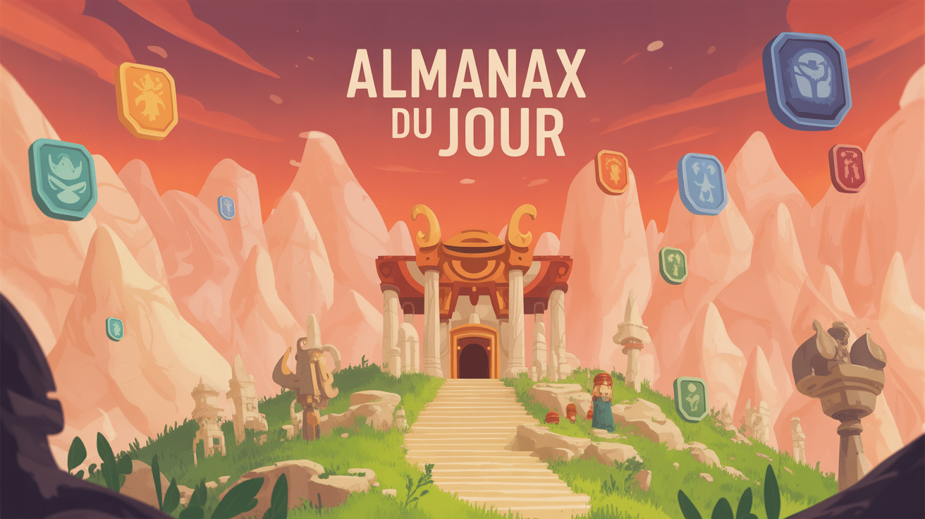 Vue du temple Dofus avec symboles d'offrandes almanax du jour