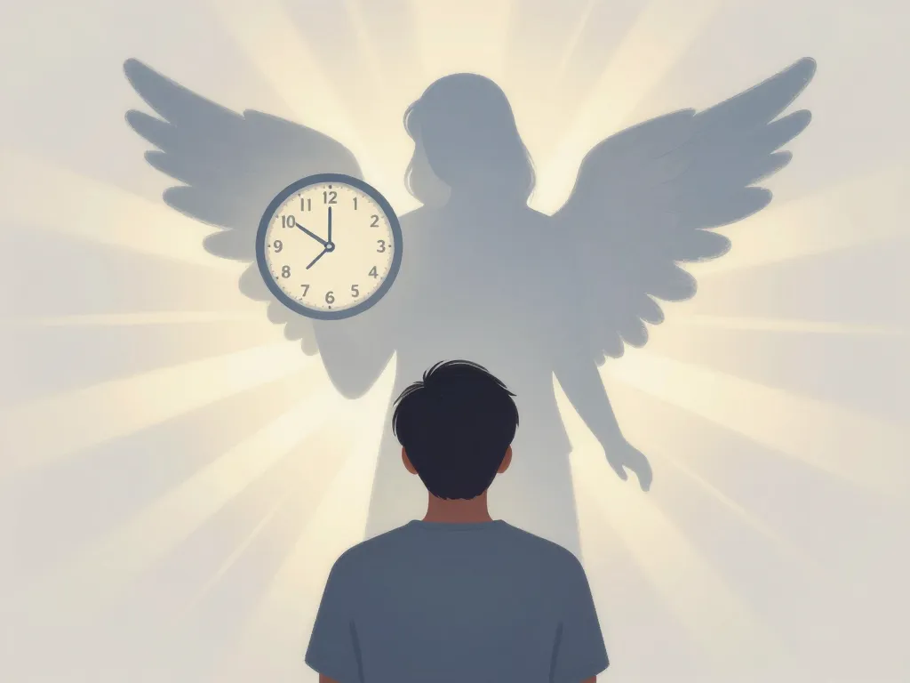 ange gardien et personne devant l’horloge 08h08 éclairées