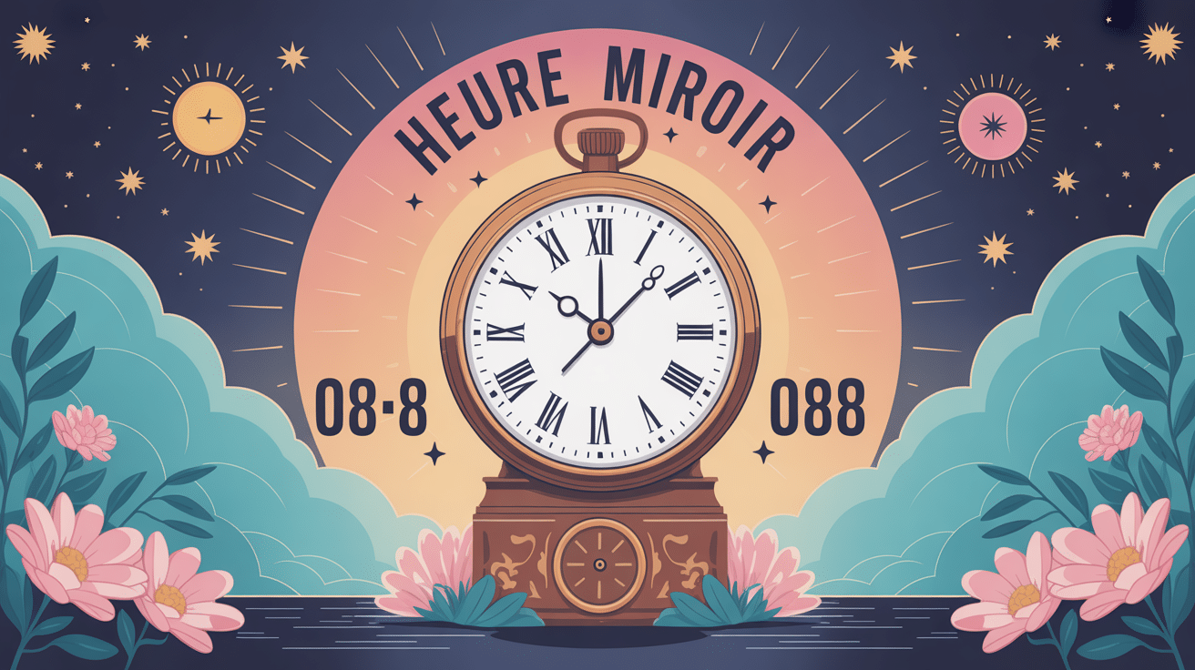 horloge stylisée affichant heure miroir 08h08 et éléments spirituels