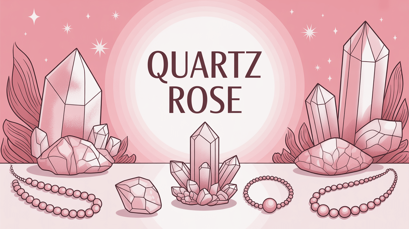 illustration quartz rose galets et bijoux ambiance zen