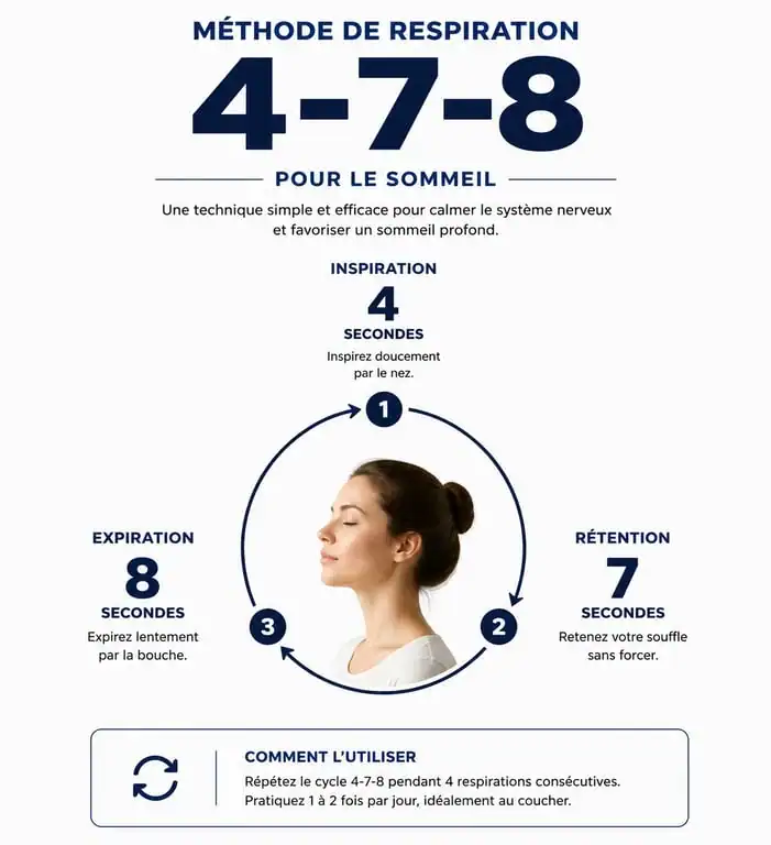 Infographie de la méthode de respiration 4-7-8 pour trouver le sommeil rapidement