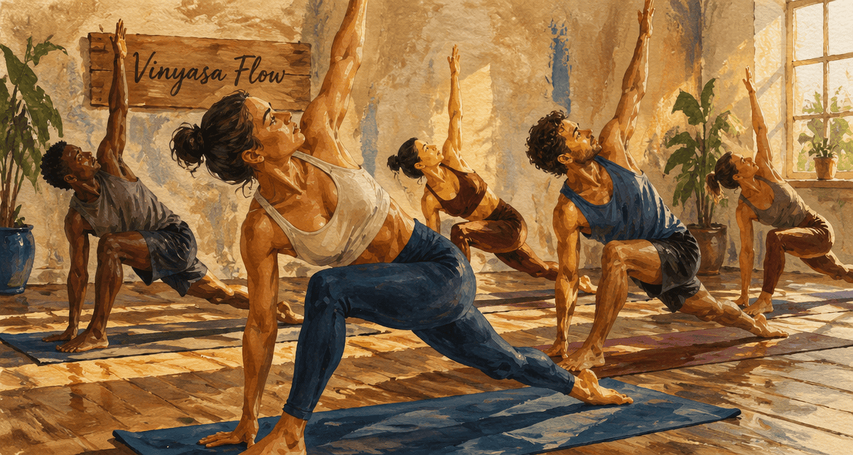 groupe pratiquant vinyasa yoga en transition