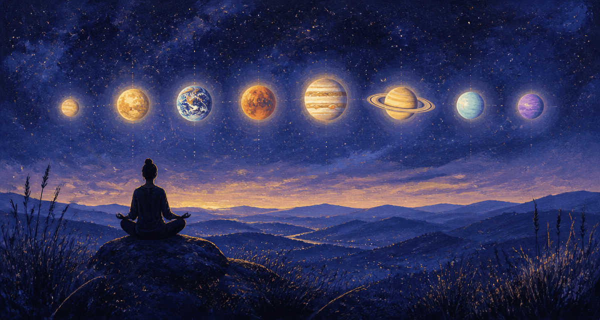 Alignement des planètes signification spirituelle 2025 paysage méditatif