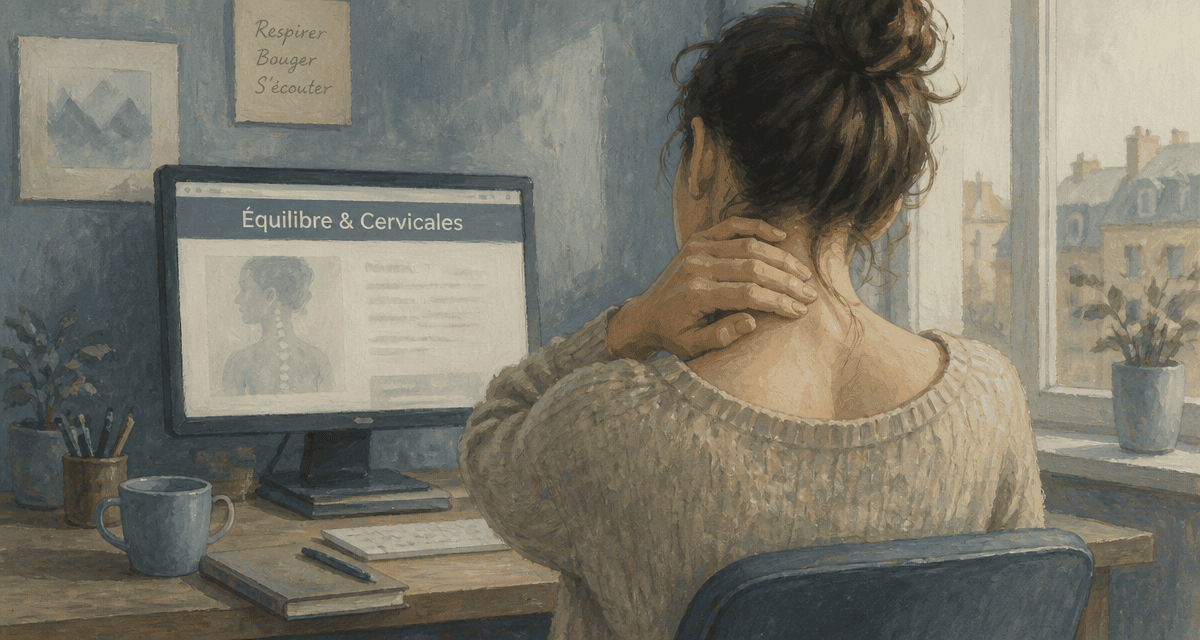 Femme main sur la nuque évoquant cervicales et vertiges