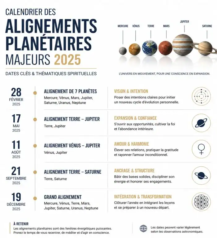 Calendrier des alignements des planètes et signification spirituelle 2025