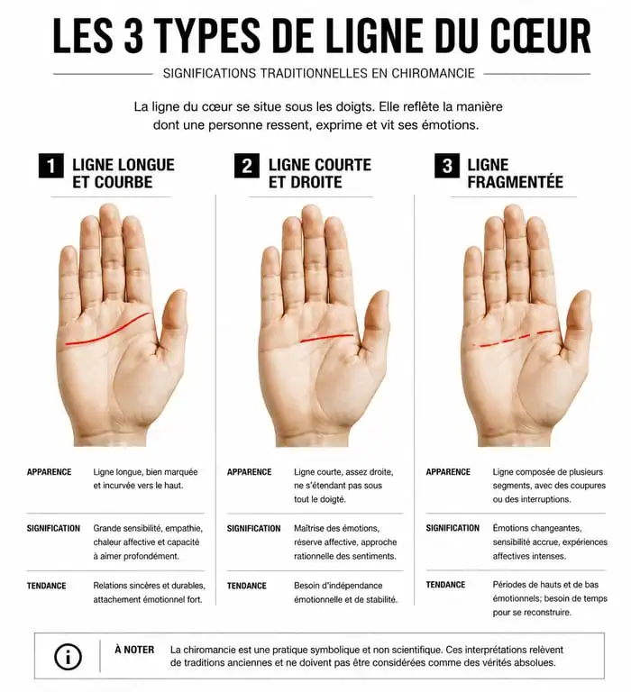 Schéma des différents types de lignes du cœur en chiromancie pour l'analyse de la vie amoureuse