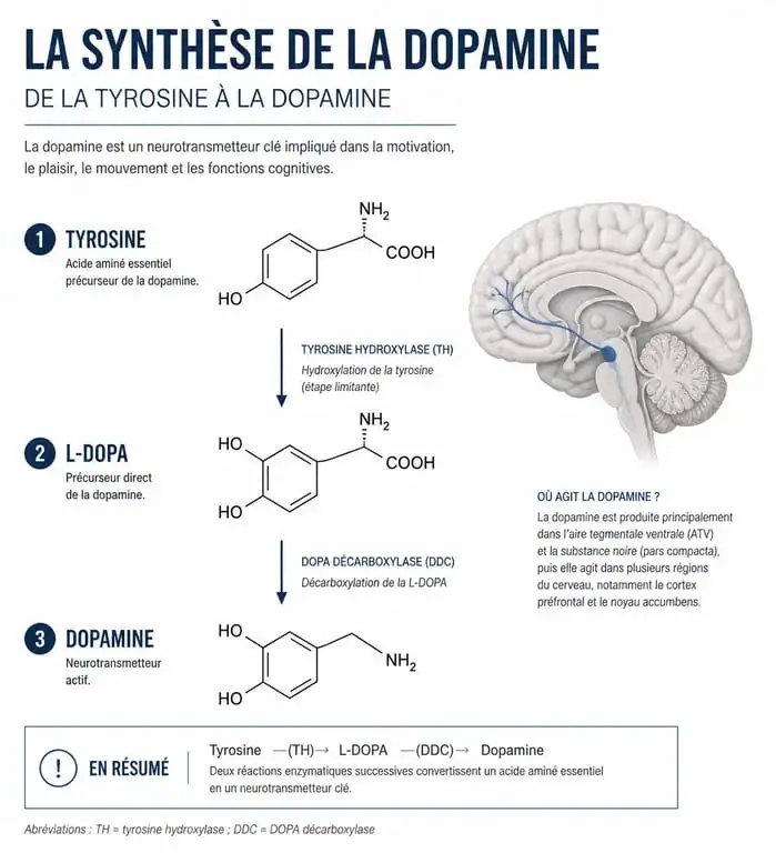 Schéma de la synthèse de la dopamine dans le cerveau pour augmenter la motivation