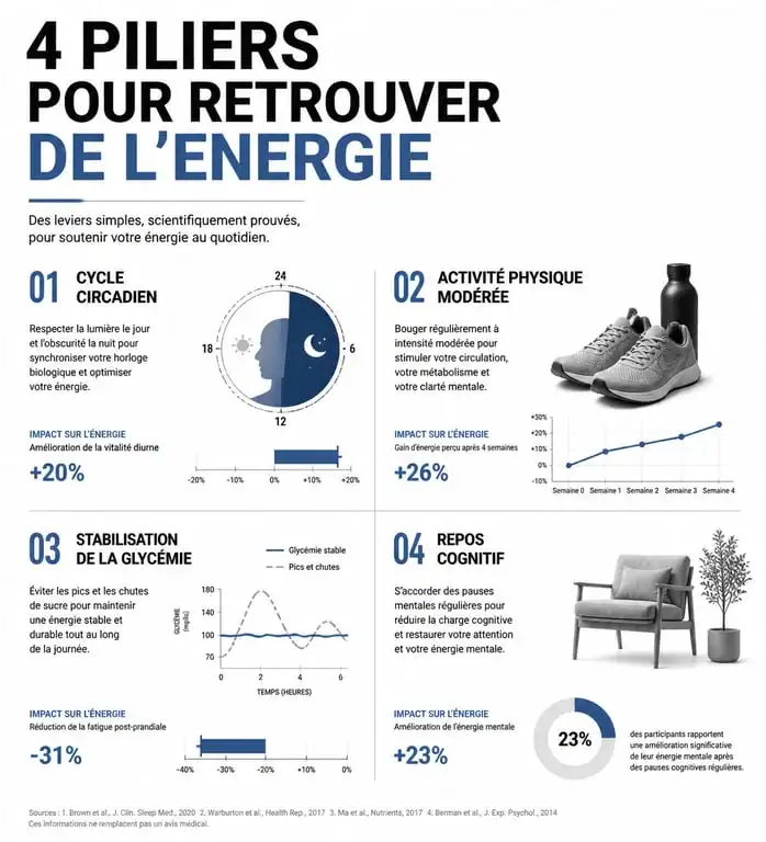 Infographie sur les 4 piliers pour lutter contre le manque d'énergie et retrouver sa vitalité