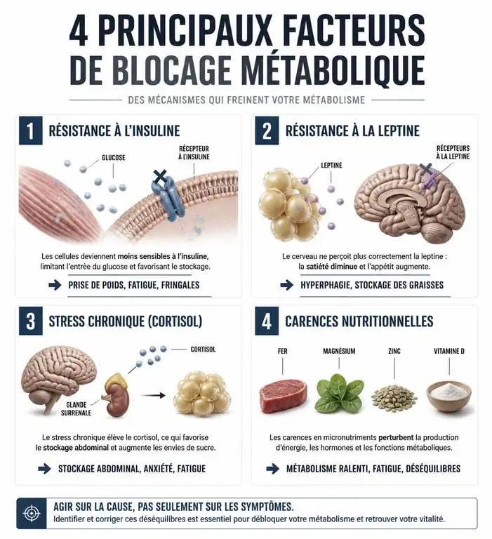 Infographie explicative des causes métaboliques de la stagnation pondérale : pourquoi je n'arrive pas à maigrir