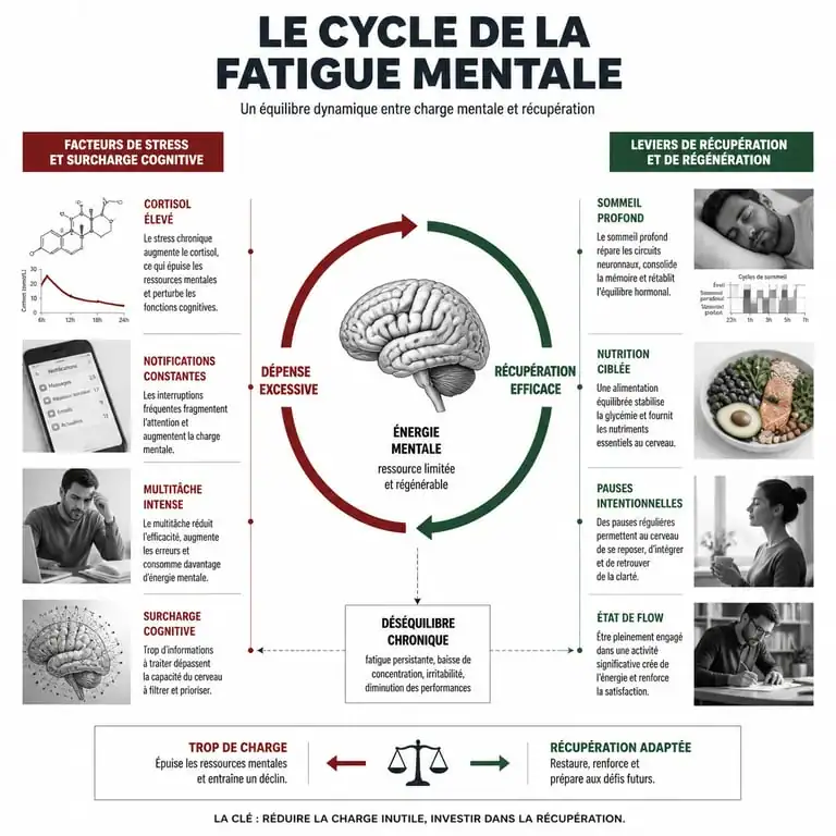 Infographie sur les causes de la fatigue mentale et les solutions pour retrouver de l'énergie mentale