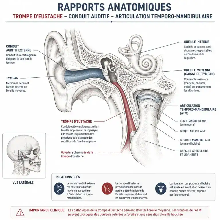 Schéma anatomique expliquant les causes des craquements dans les oreilles liées à la trompe d'Eustache et à la mâchoire