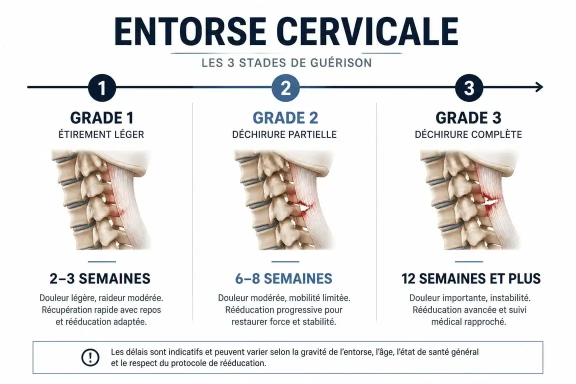 Infographie des délais de guérison d'une entorse cervicale selon la gravité de la lésion
