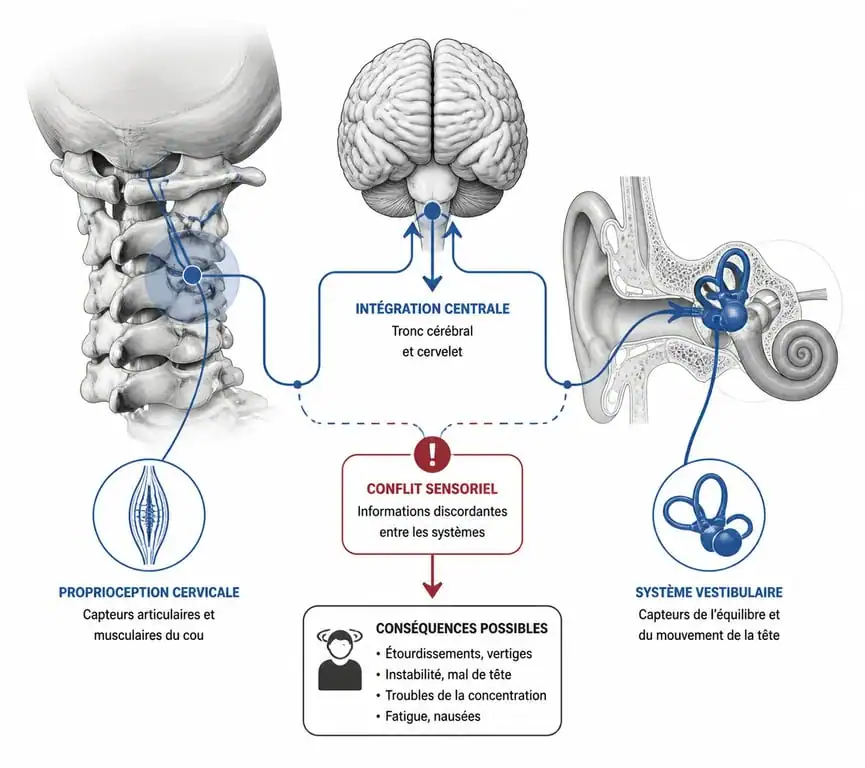 Schéma explicatif des vertiges cervicogènes et du lien entre cervicales et équilibre