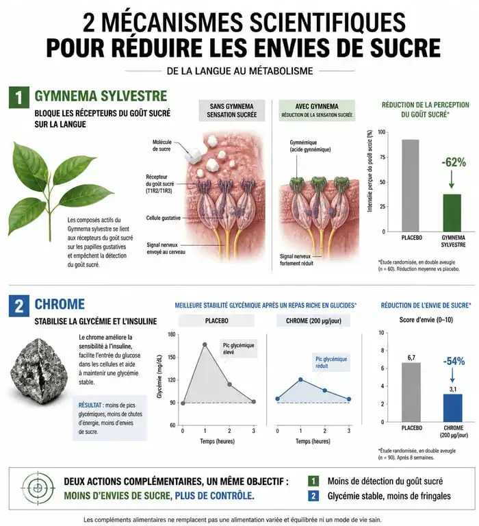 Infographie expliquant le fonctionnement des compléments alimentaires comme le Gymnema et le Chrome pour supprimer l'envie de sucre.