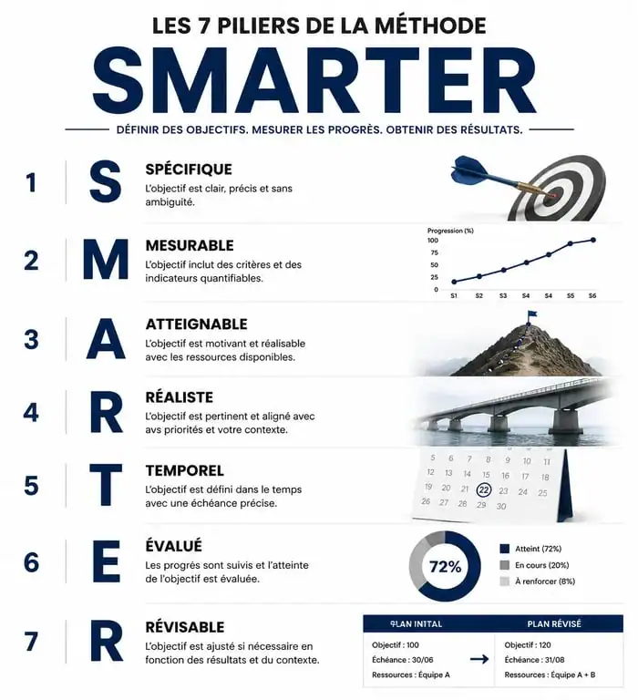 Infographie expliquant les 7 critères de l'objectif SMARTER pour la gestion de projet
