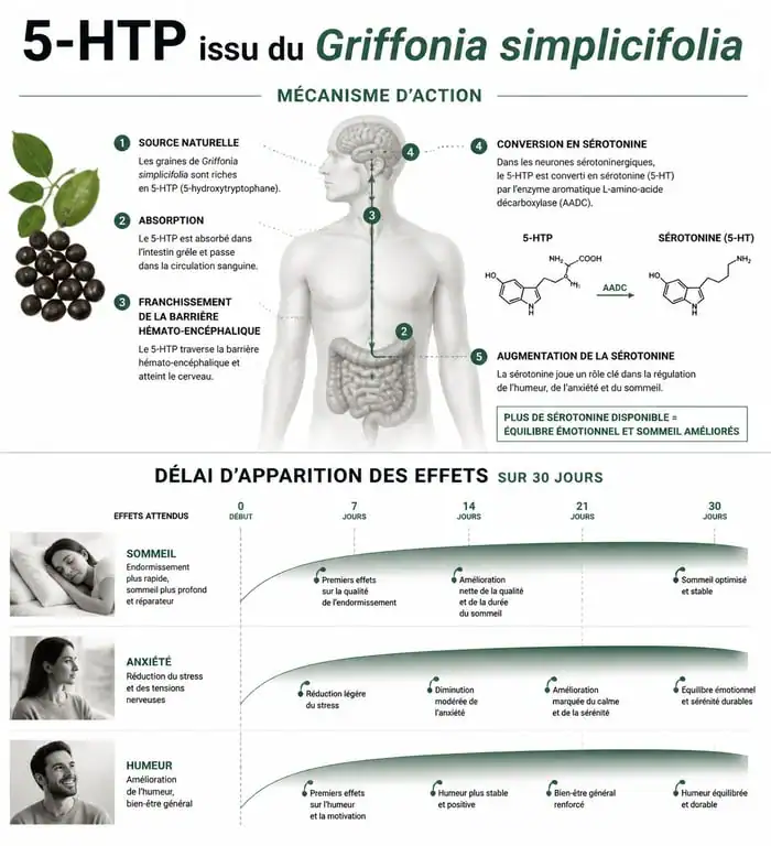 Infographie des délais d'effet du Griffonia simplicifolia sur le sommeil et l'humeur