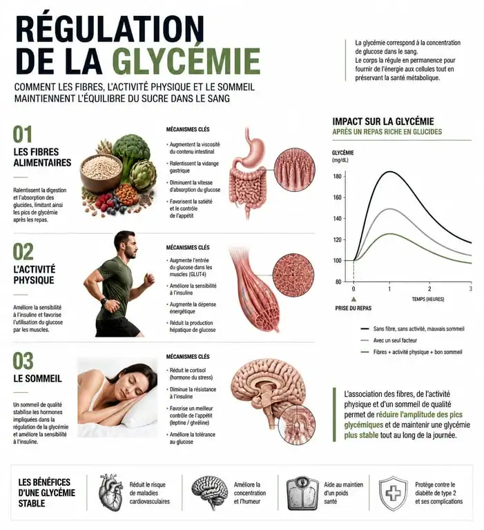 Infographie sur les mécanismes pour faire baisser la glycémie naturellement