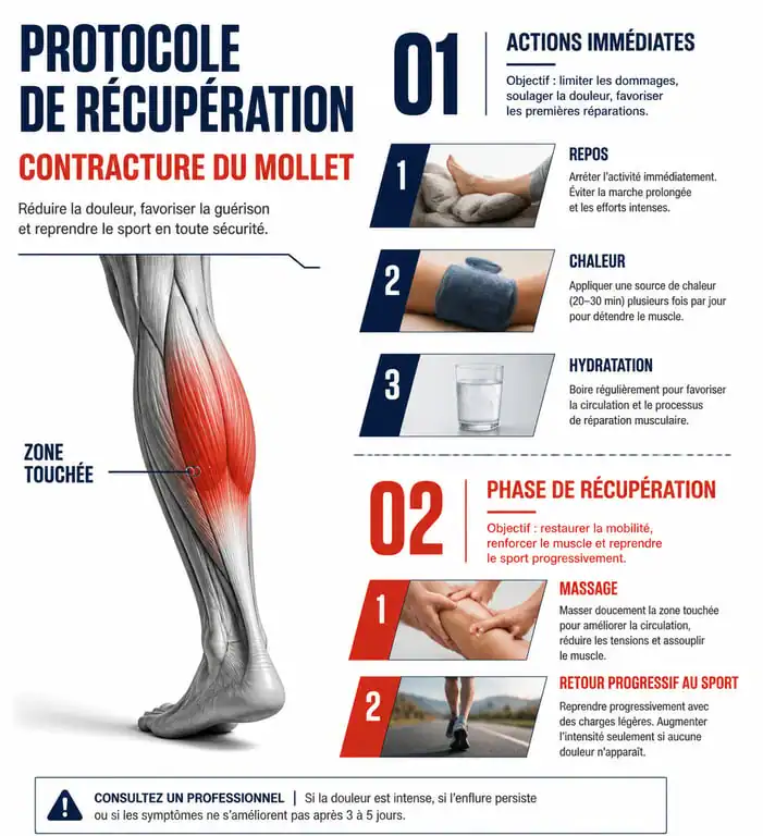 Infographie protocole de soin et récupération pour une contracture au mollet