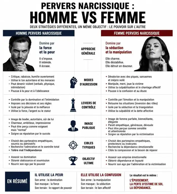 Infographie comparative des comportements de la femme perverse narcissique par rapport au profil masculin