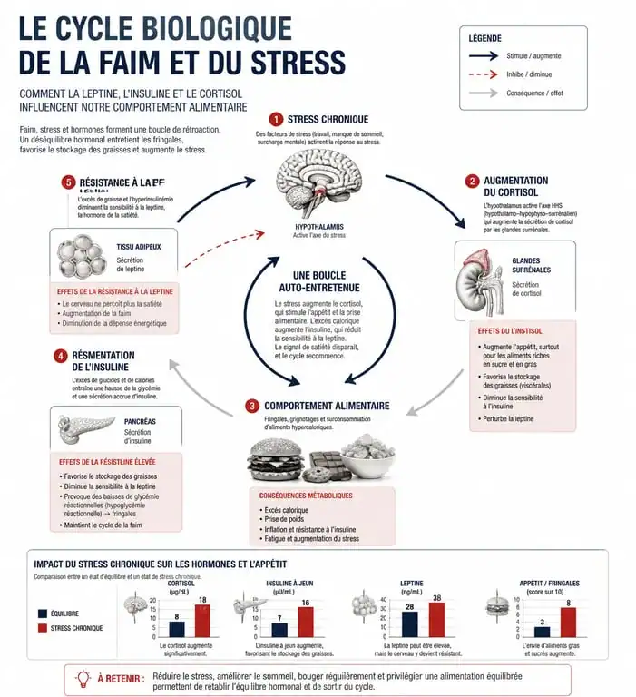 Infographie expliquant les mécanismes biologiques de la faim et de la perte de poids