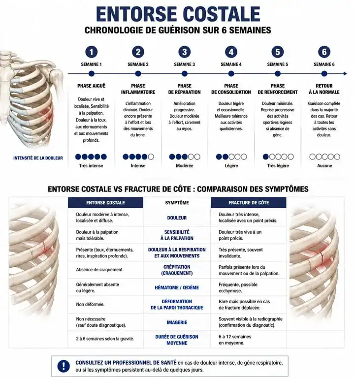 Infographie sur la durée de guérison d'une entorse costale et comparaison avec une fracture de côte