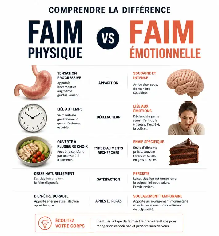 Infographie comparant la faim physique et la faim émotionnelle pour mieux comprendre comment arrêter de manger par compulsion
