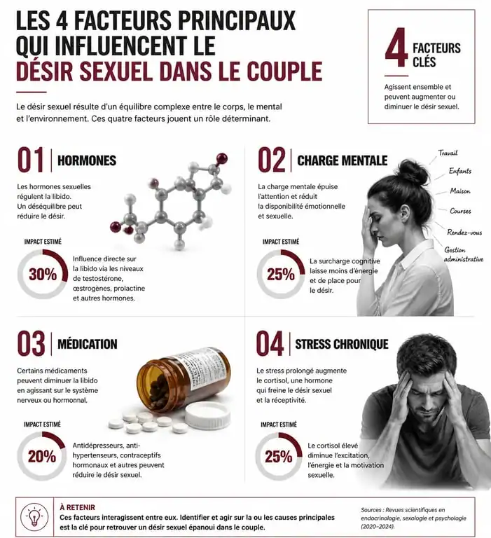 Infographie des facteurs influençant le désir sexuel dans le couple : hormones, charge mentale, stress et médication