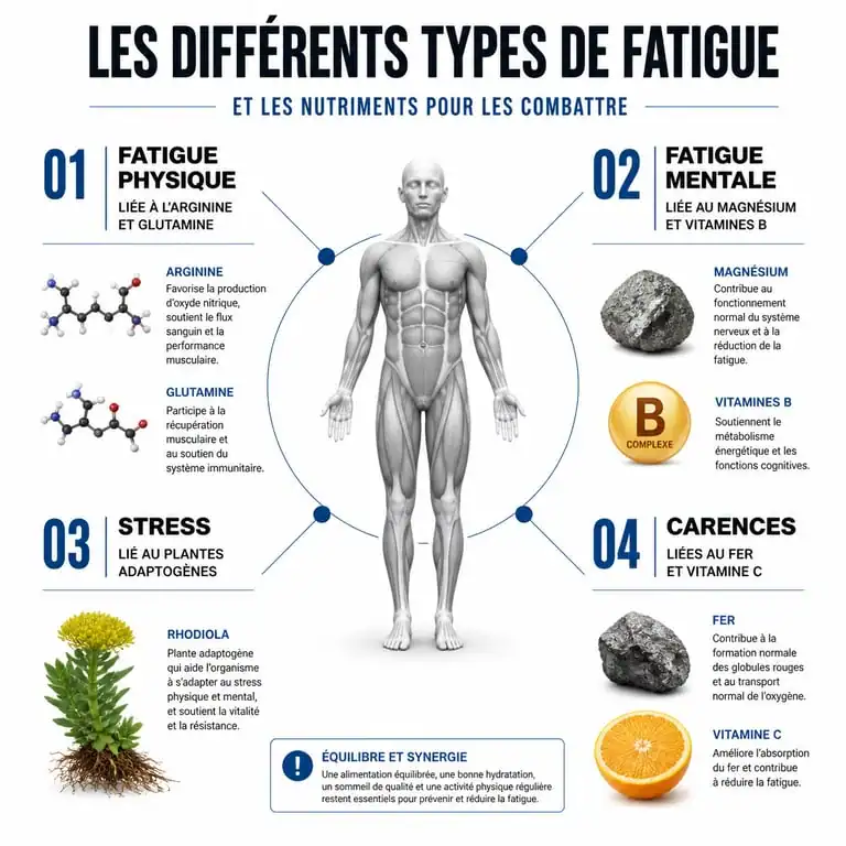 Infographie sur les nutriments et médicaments contre la fatigue : magnésium, vitamines, plantes adaptogènes et fer.
