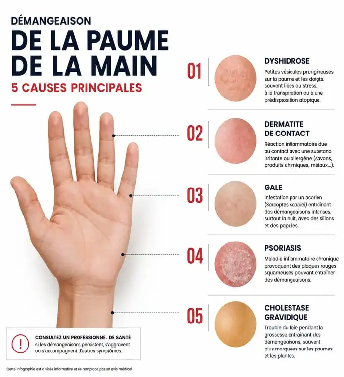 Infographie des causes fréquentes de démangeaison paume main et symptômes associés