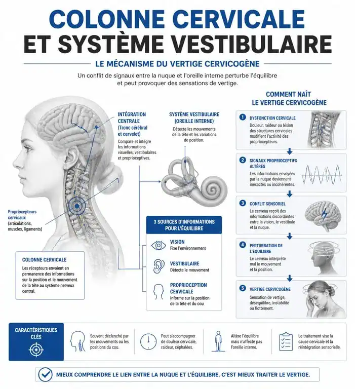 Schéma explicatif du mécanisme des vertiges cervicaux et du lien entre cervicales et équilibre