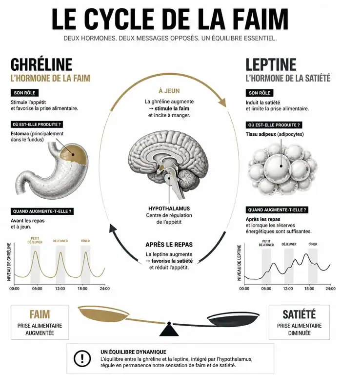 Schéma explicatif des hormones ghréline et leptine dans la sensation de faim permanente à l'estomac