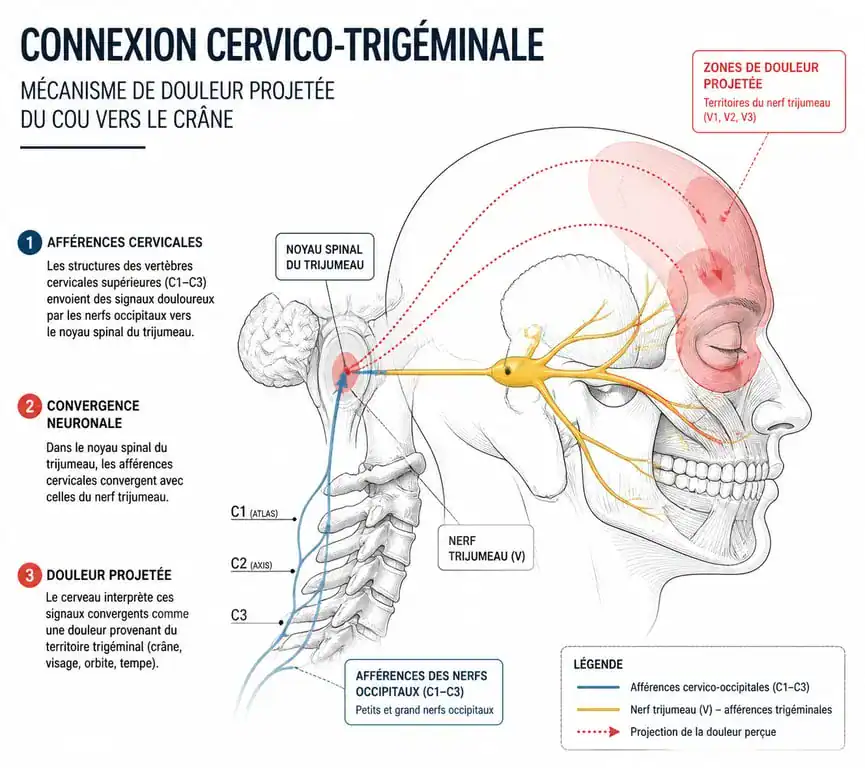 Schéma anatomique expliquant le lien entre les maux de tête et les cervicales