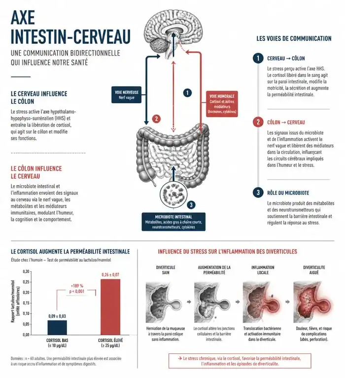 Schéma explicatif du lien entre le stress, le cortisol et l'inflammation des diverticules dans le côlon