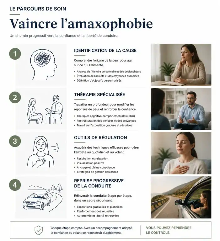 Infographie sur les étapes du traitement de l'amaxophobie pour retrouver la confiance au volant