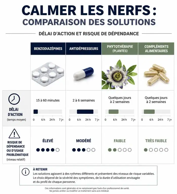 Infographie comparative des médicaments et solutions naturelles pour calmer les nerfs et gérer le stress