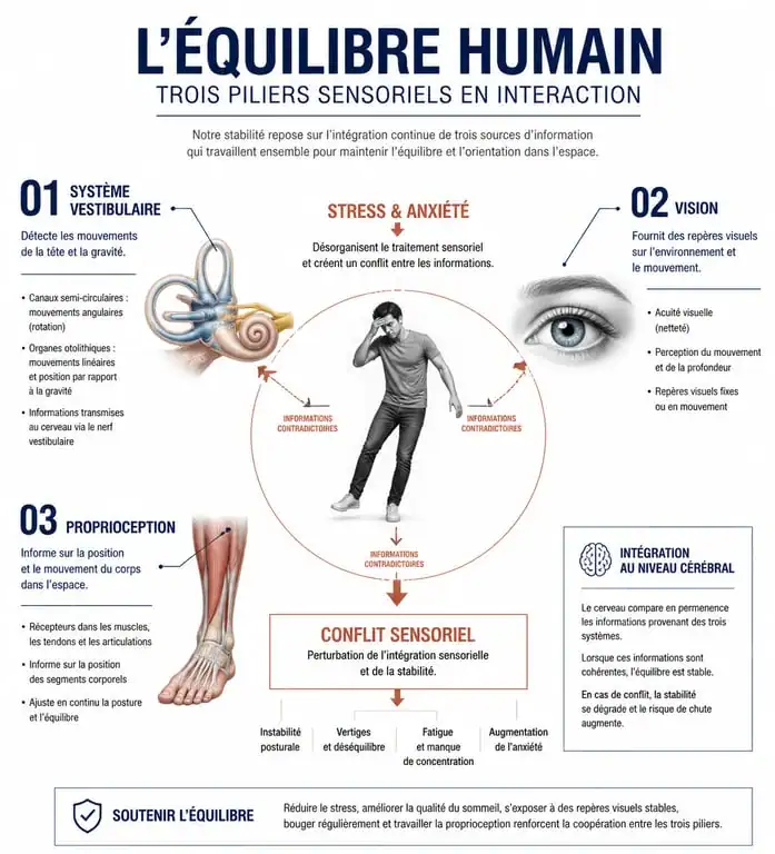 Schéma explicatif du lien entre le stress et les vertiges via le système vestibulaire