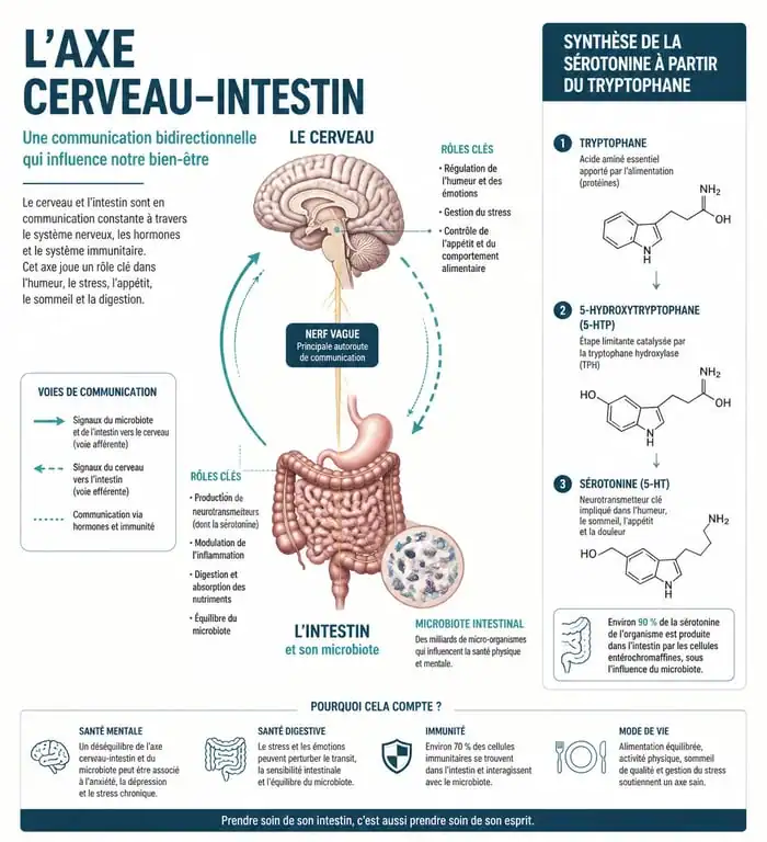 Schéma explicatif du rôle de la sérotonine dans l'organisme et de son processus de synthèse