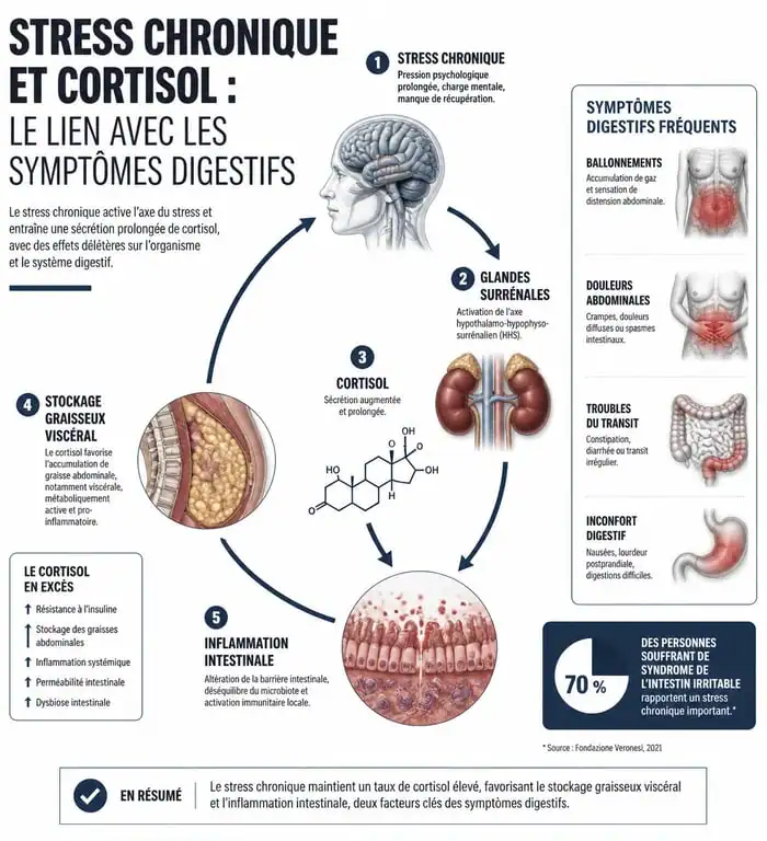 Infographie expliquant le lien entre taux de cortisol élevé et ventre gonflé par le stress