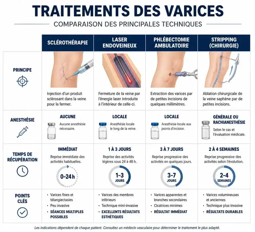 Infographie comparative des méthodes pour enlever les varices : sclérothérapie, laser, phlébectomie et stripping.