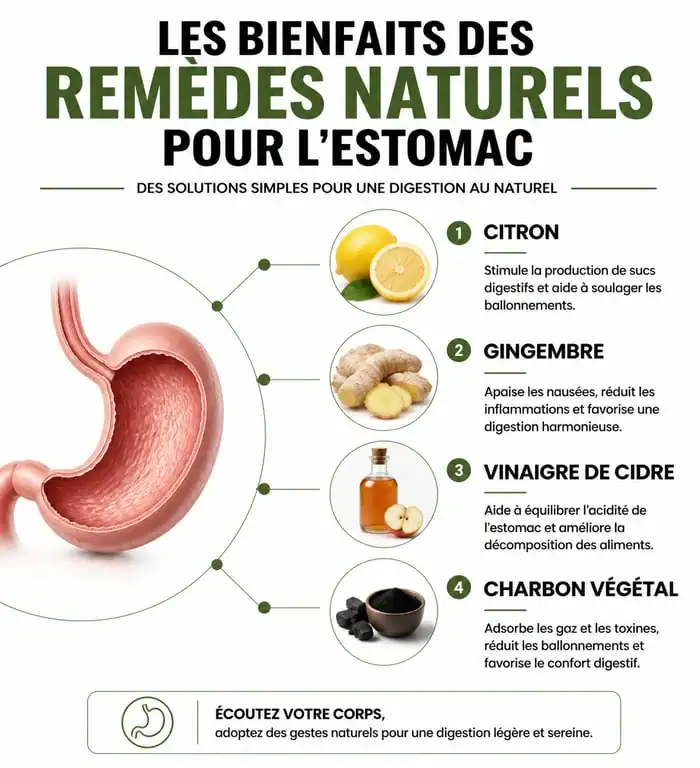 Infographie des remèdes de grand-mère pour nettoyer l'estomac et améliorer la digestion