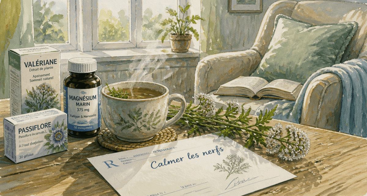 medicament pour calmer les nerfs sur table avec plantes et tisane