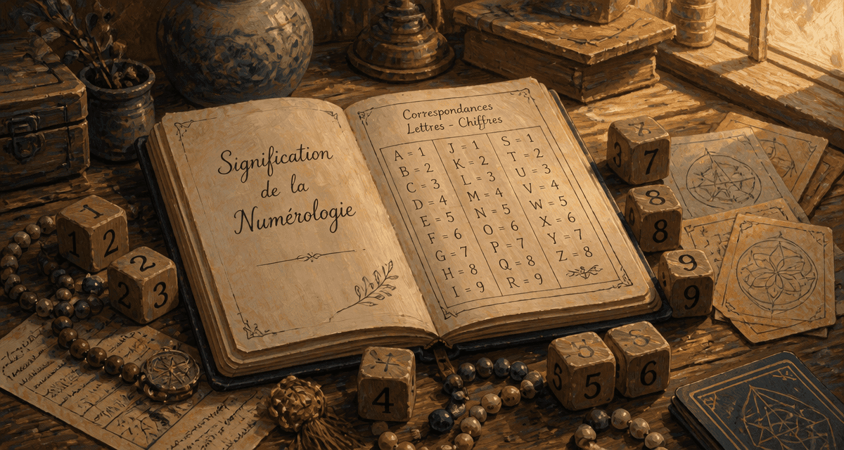 signification numérologie carnet et dés en bois