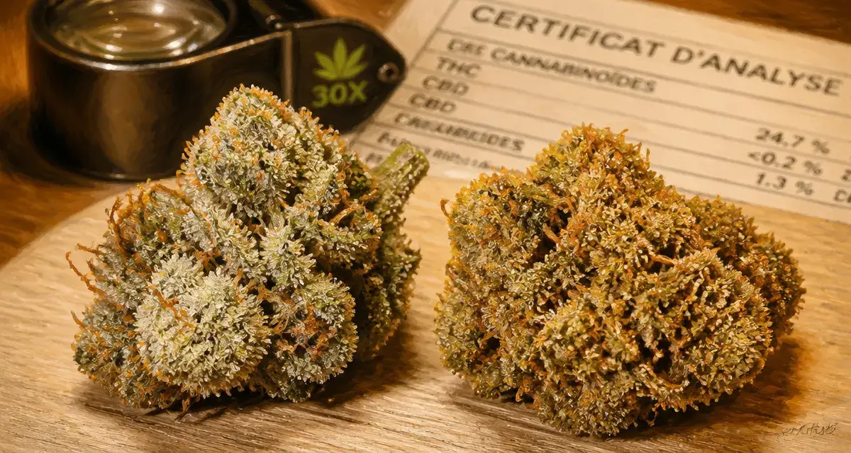 Différence CBD et beuh visuellement : fleurs légales, trichomes visibles et pistils