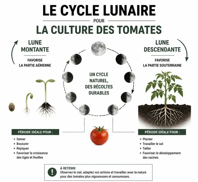Infographie explicative sur le calendrier lunaire pour semer et planter des tomates