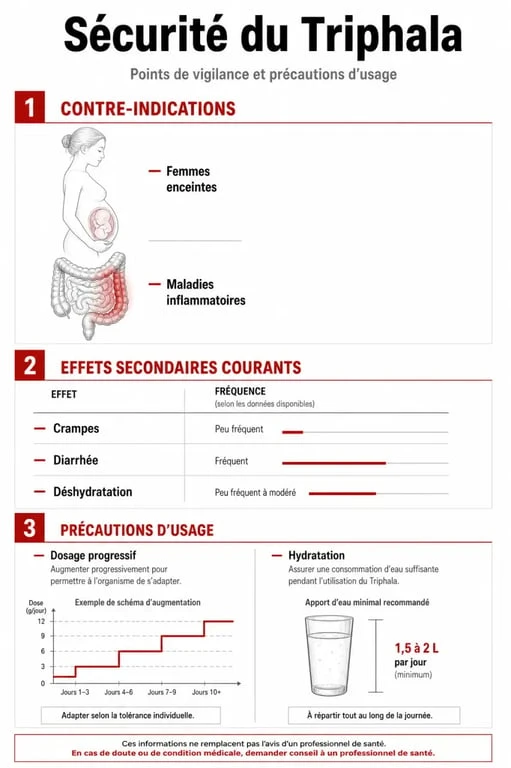 Infographie sur les dangers et précautions du Triphala pour une consommation sécurisée